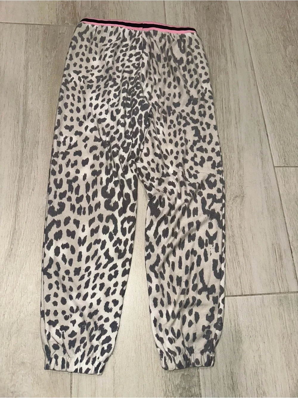 Katie J NYC Girls M Beige Tan Grey Leopard Print Jogger Pants Pink Trim